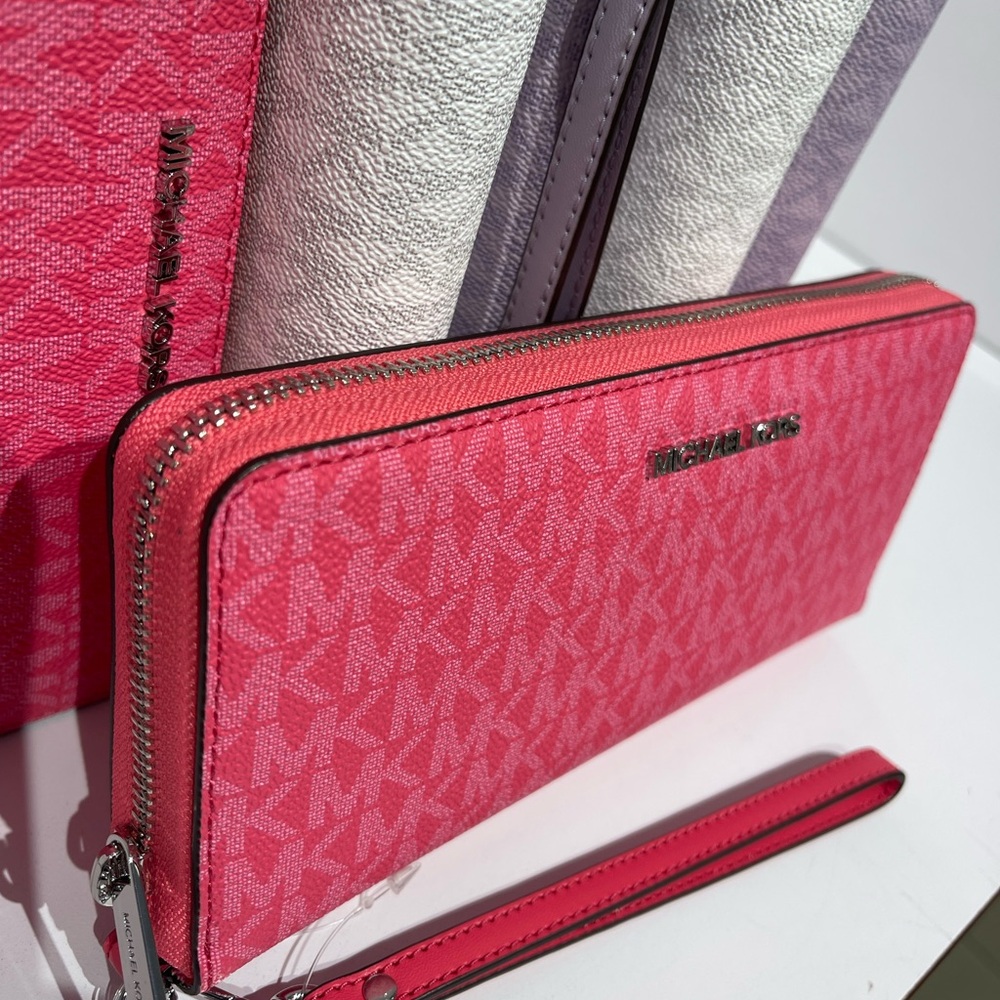 MICHAEL KORS Jet Set Large Signature Logo Continental Wallet Wristlet Hibiscus - Picture 5 of 16